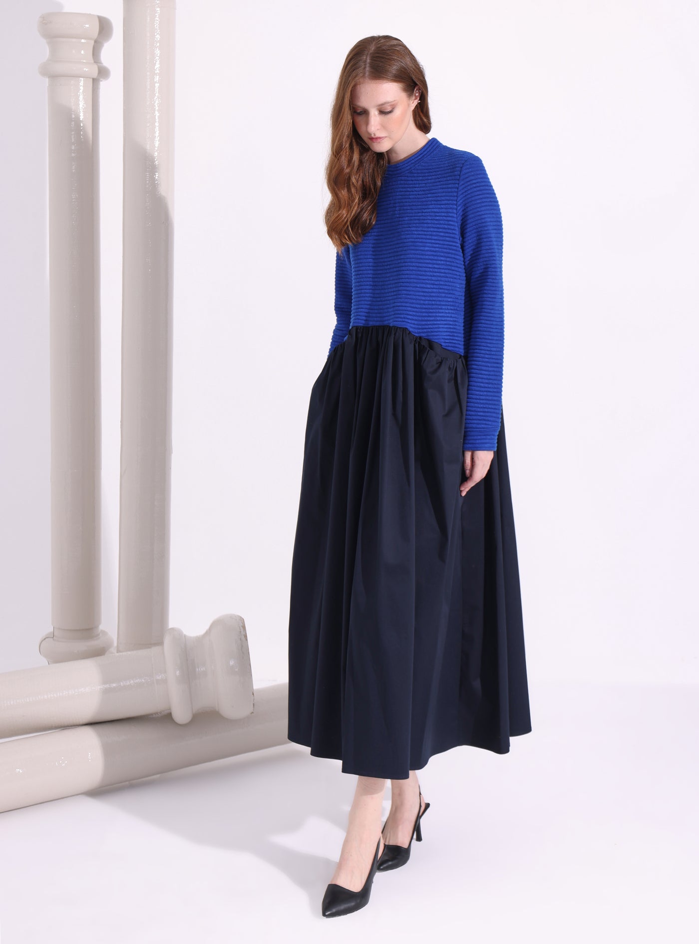 Blue-Navy Maxi Dress with Knit Top