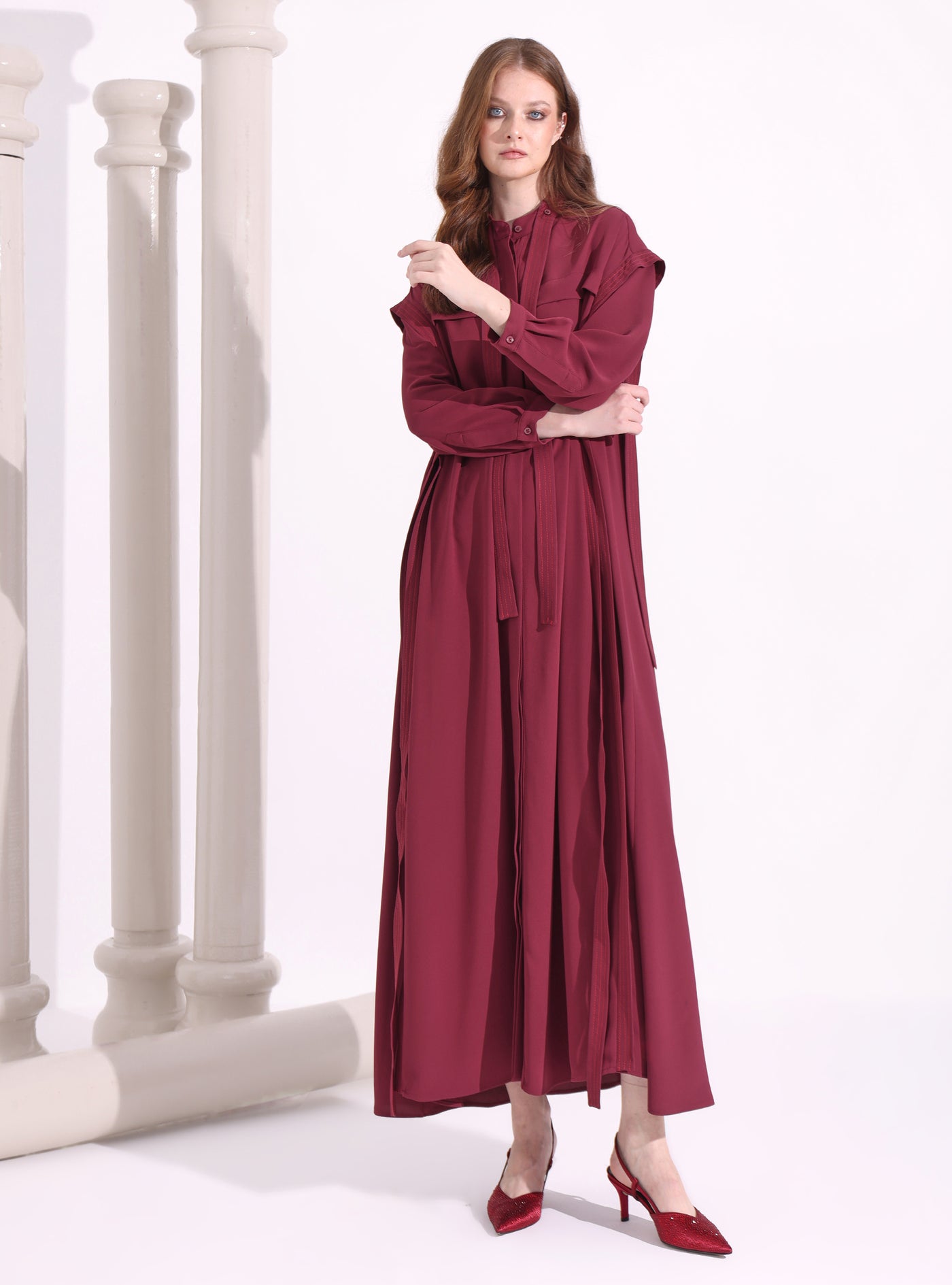 Contrast Top Stitch Burgundy Maxi Dress