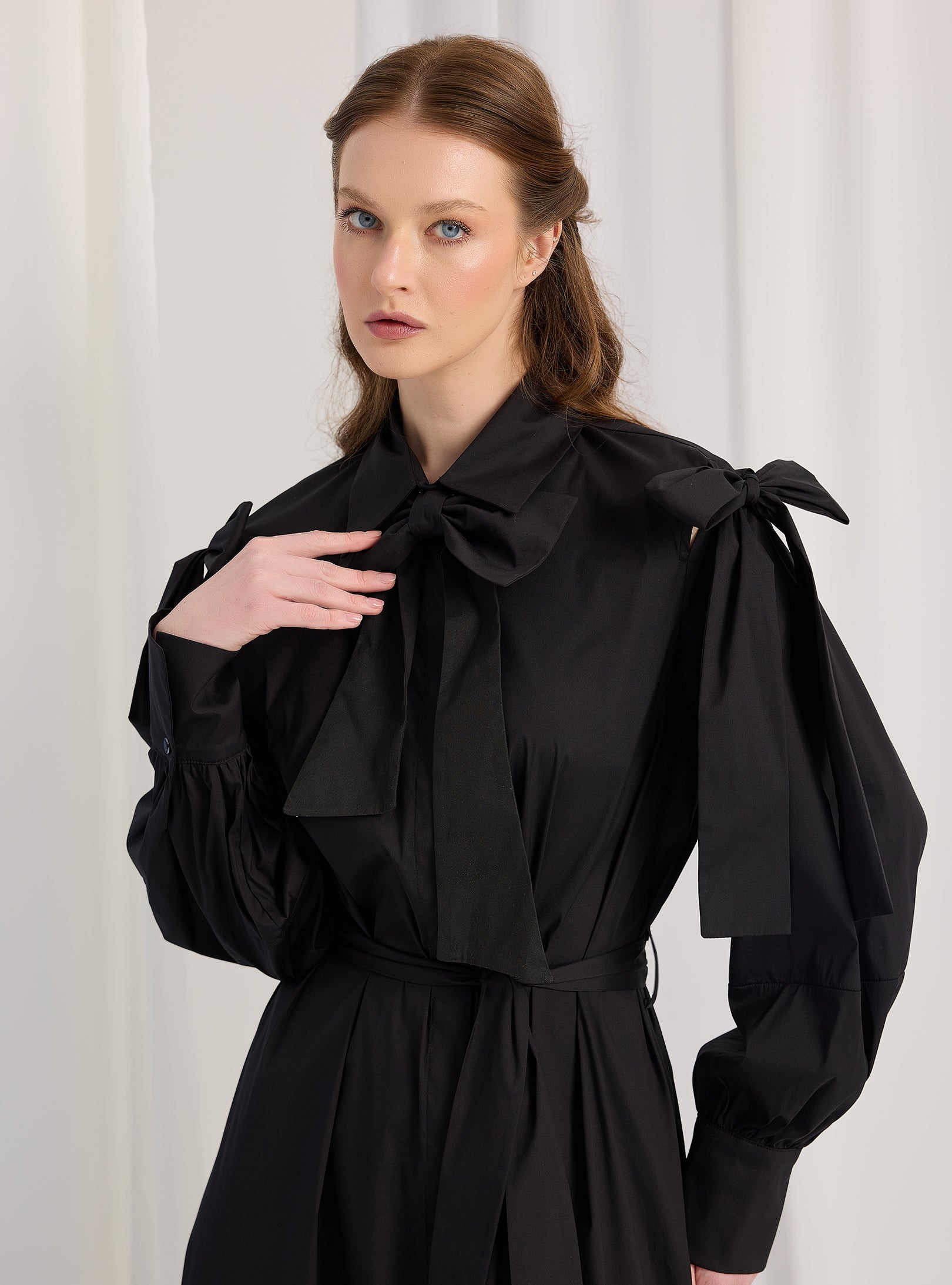 Bow Detailed Black Poplin Cotton Maxi Dress - Store WF