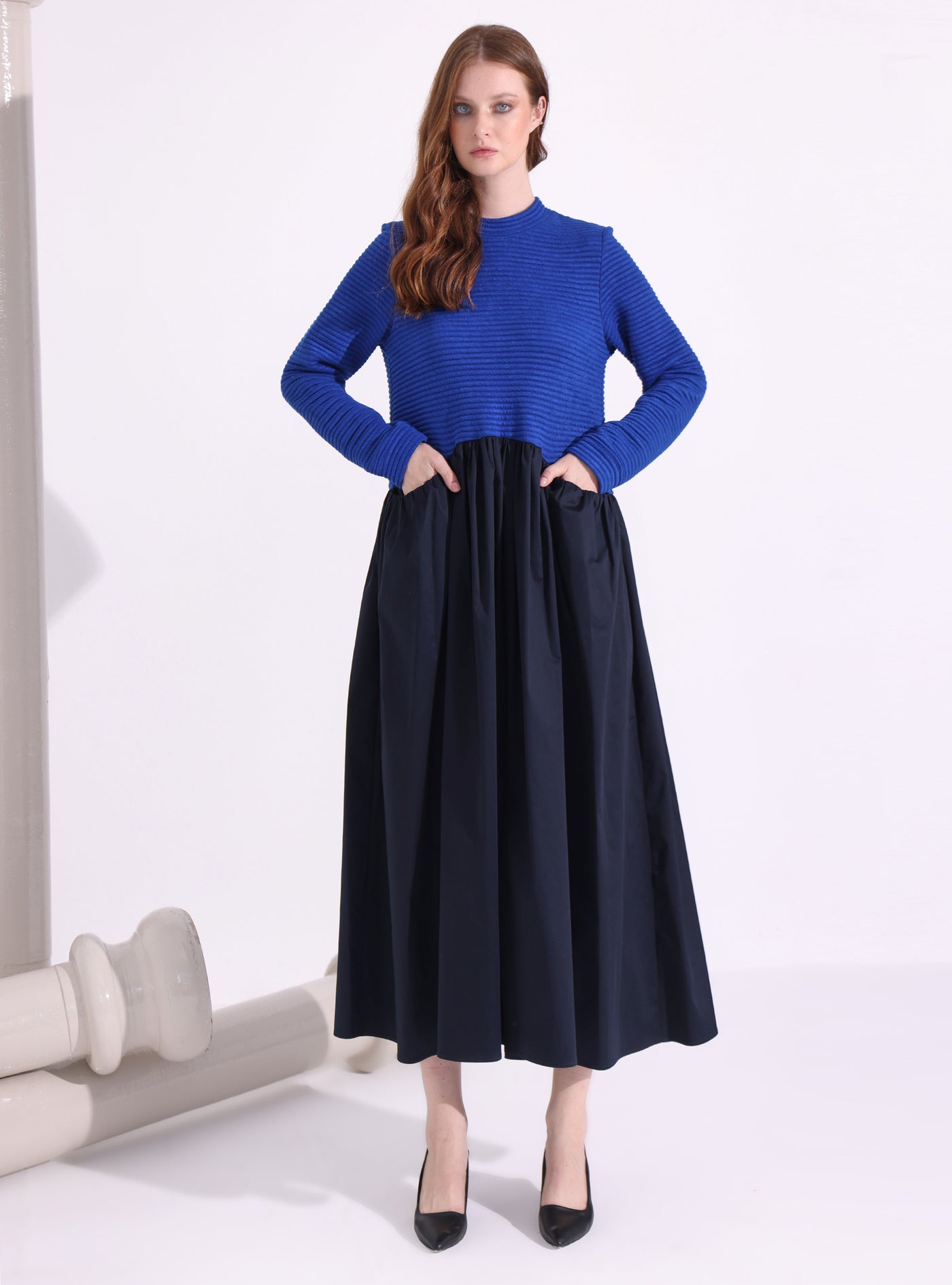 Blue-Navy Maxi Dress with Knit Top