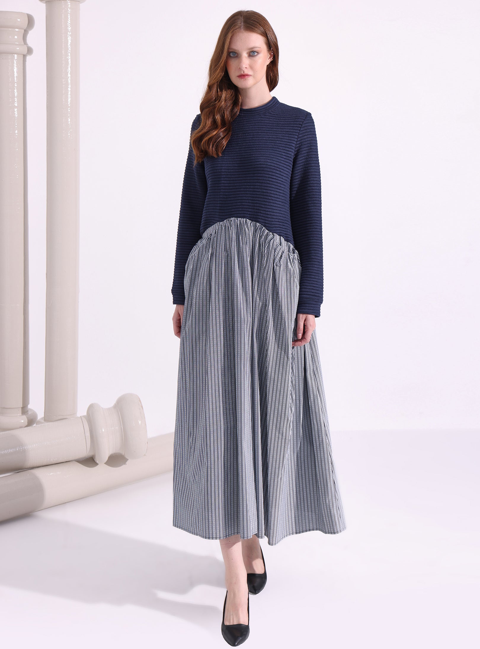 Navy-Stripe Maxi Dress with Knit Top - Store WF