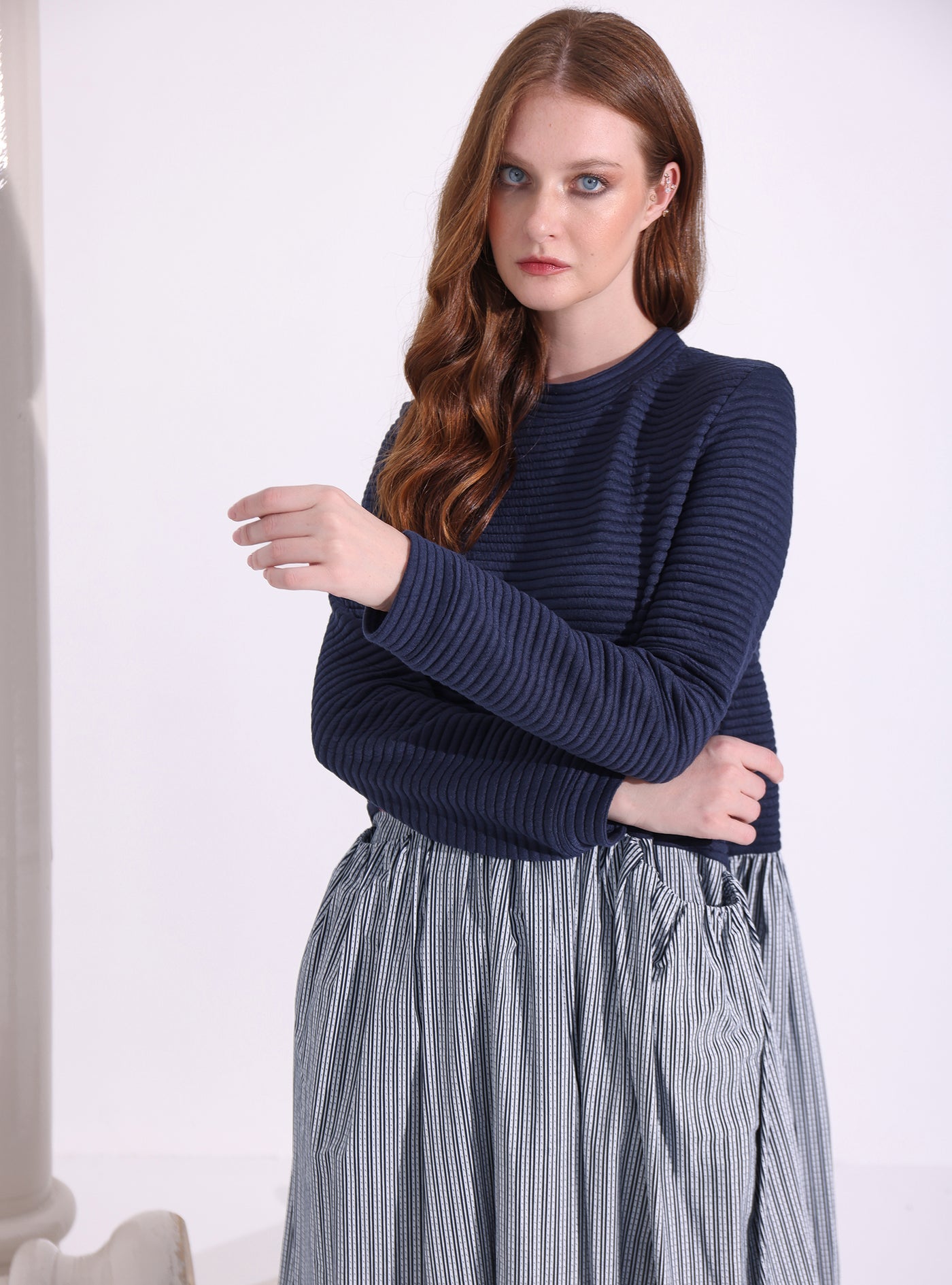 Navy-Stripe Maxi Dress with Knit Top