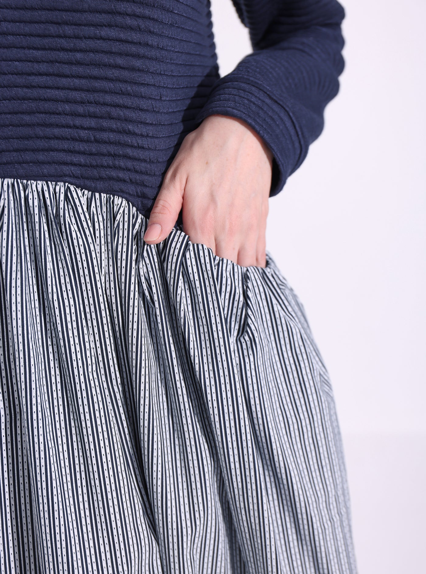 Navy-Stripe Maxi Dress with Knit Top