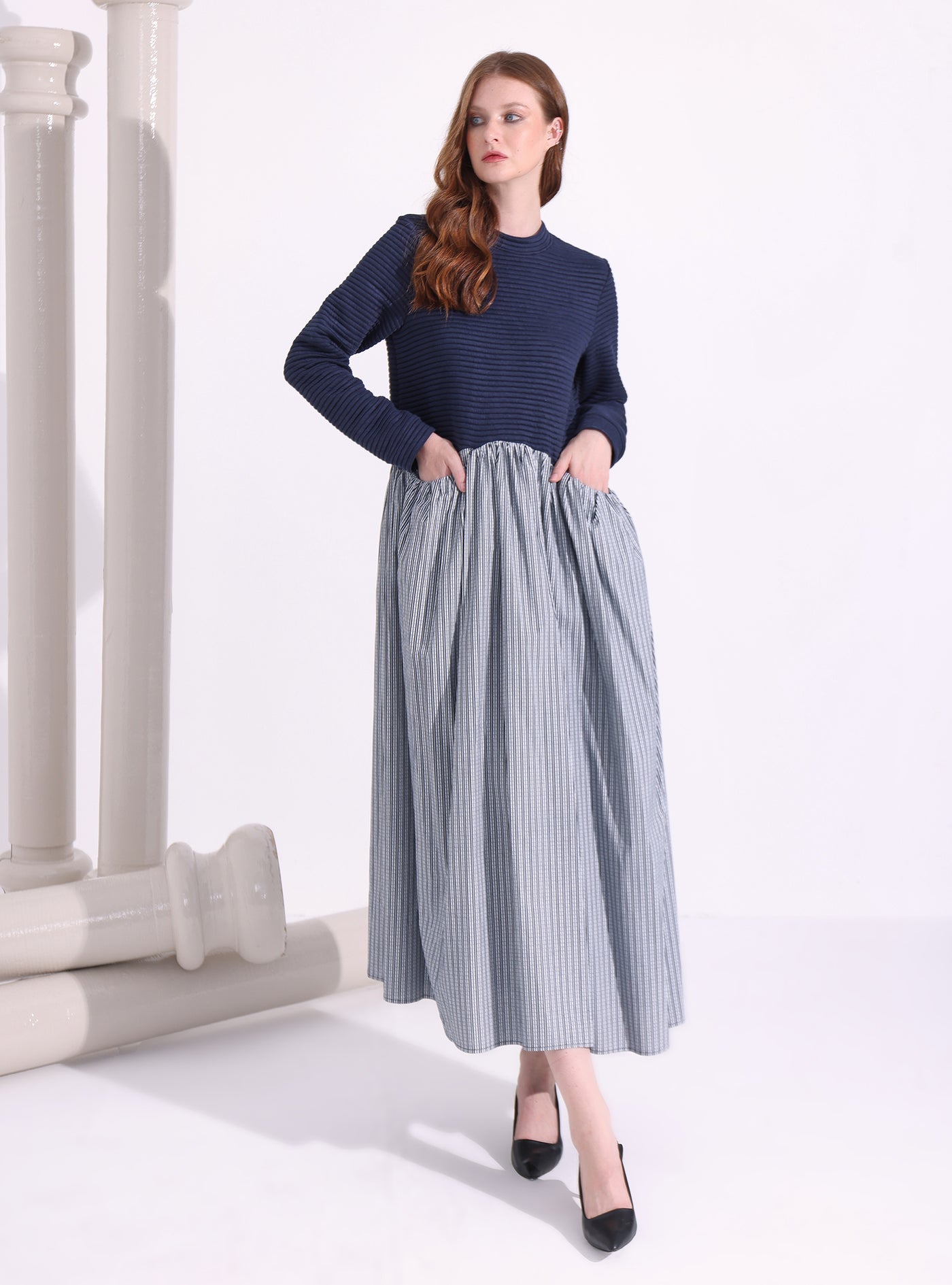 Navy-Stripe Maxi Dress with Knit Top