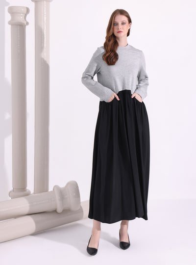 Gray-Black Maxi Dress with Knit Top