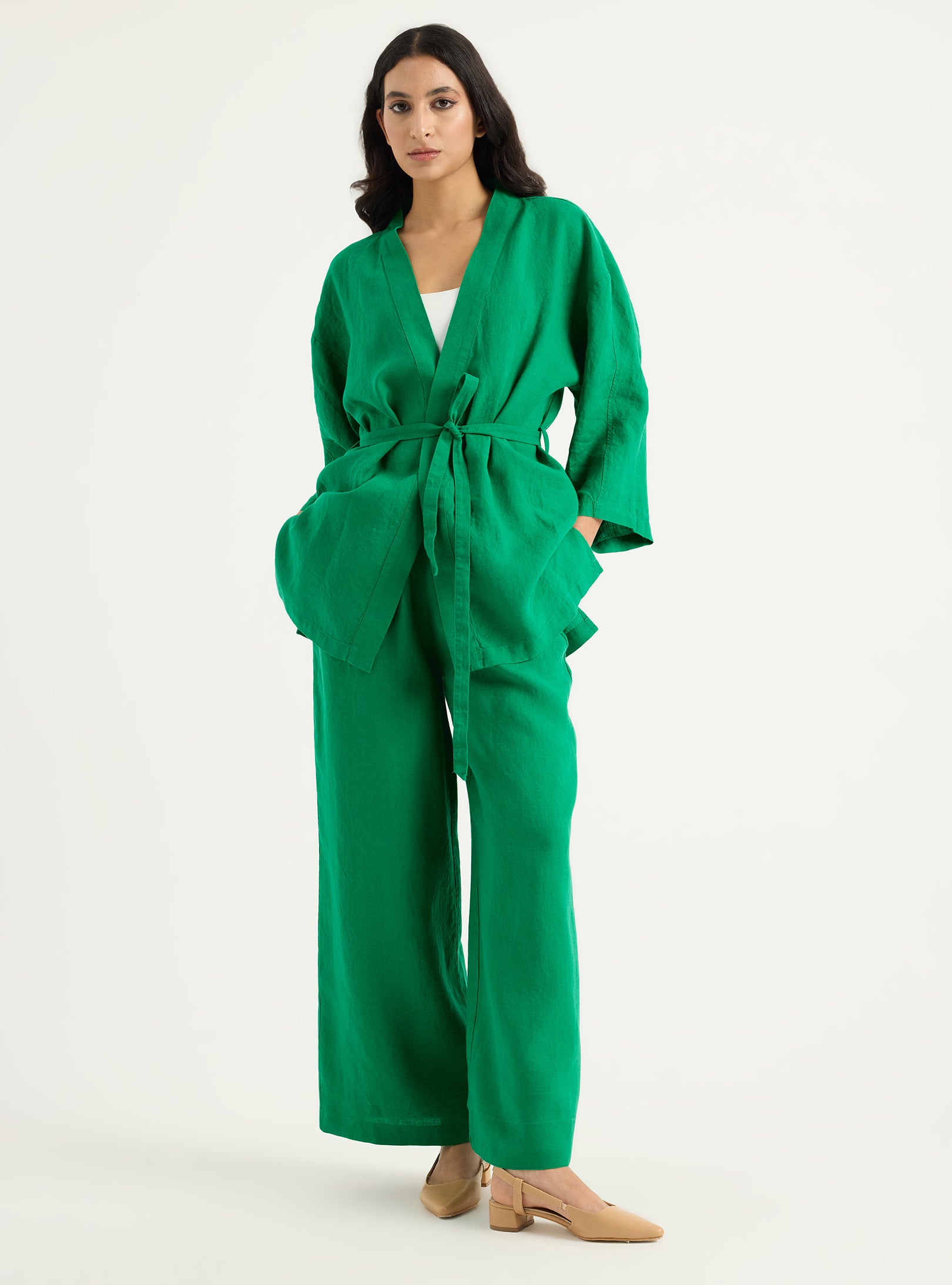 100% Washed Linen Kimono & Trouser Set Green - Store WF