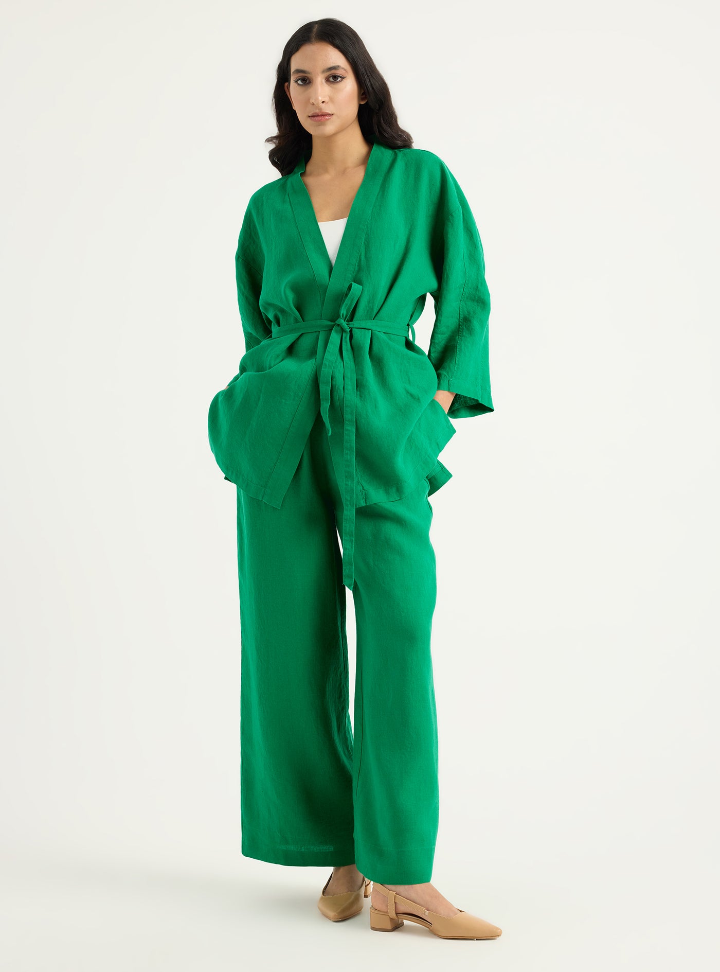 100% Linen Kimono & Trouser Set Green