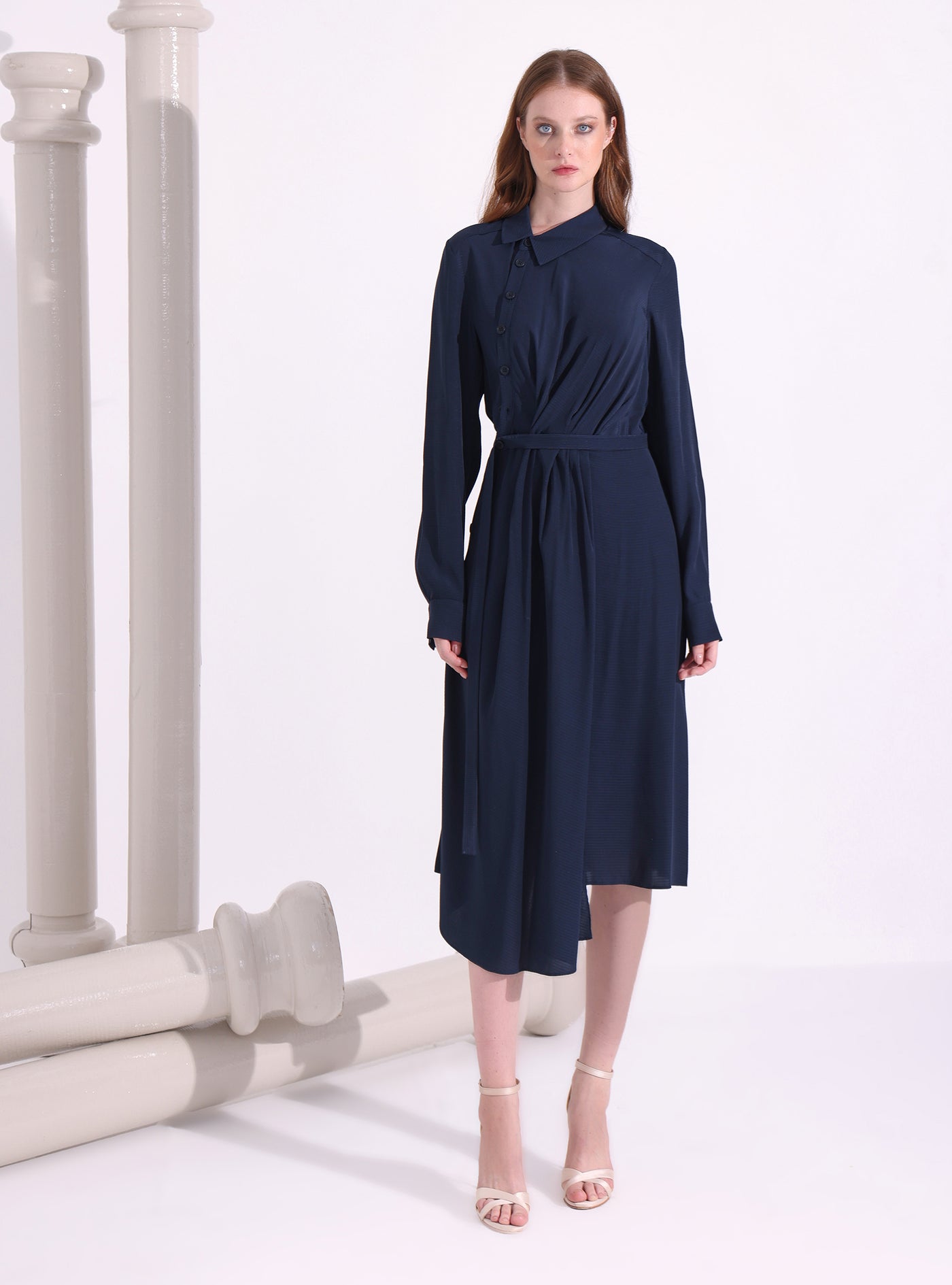 Navy Asymmetrical Belted Midi Dress