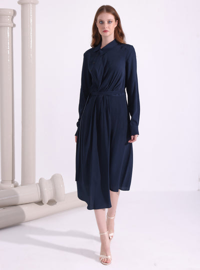 Navy Asymmetrical Belted Midi Dress