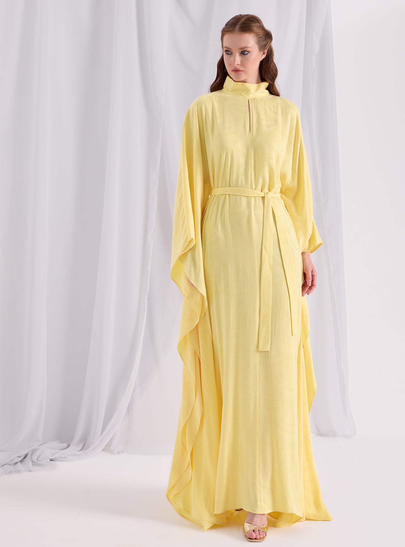 Yellow Jaquard Belted Kaftan Dress