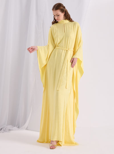 Yellow Jaquard Belted Kaftan Dress