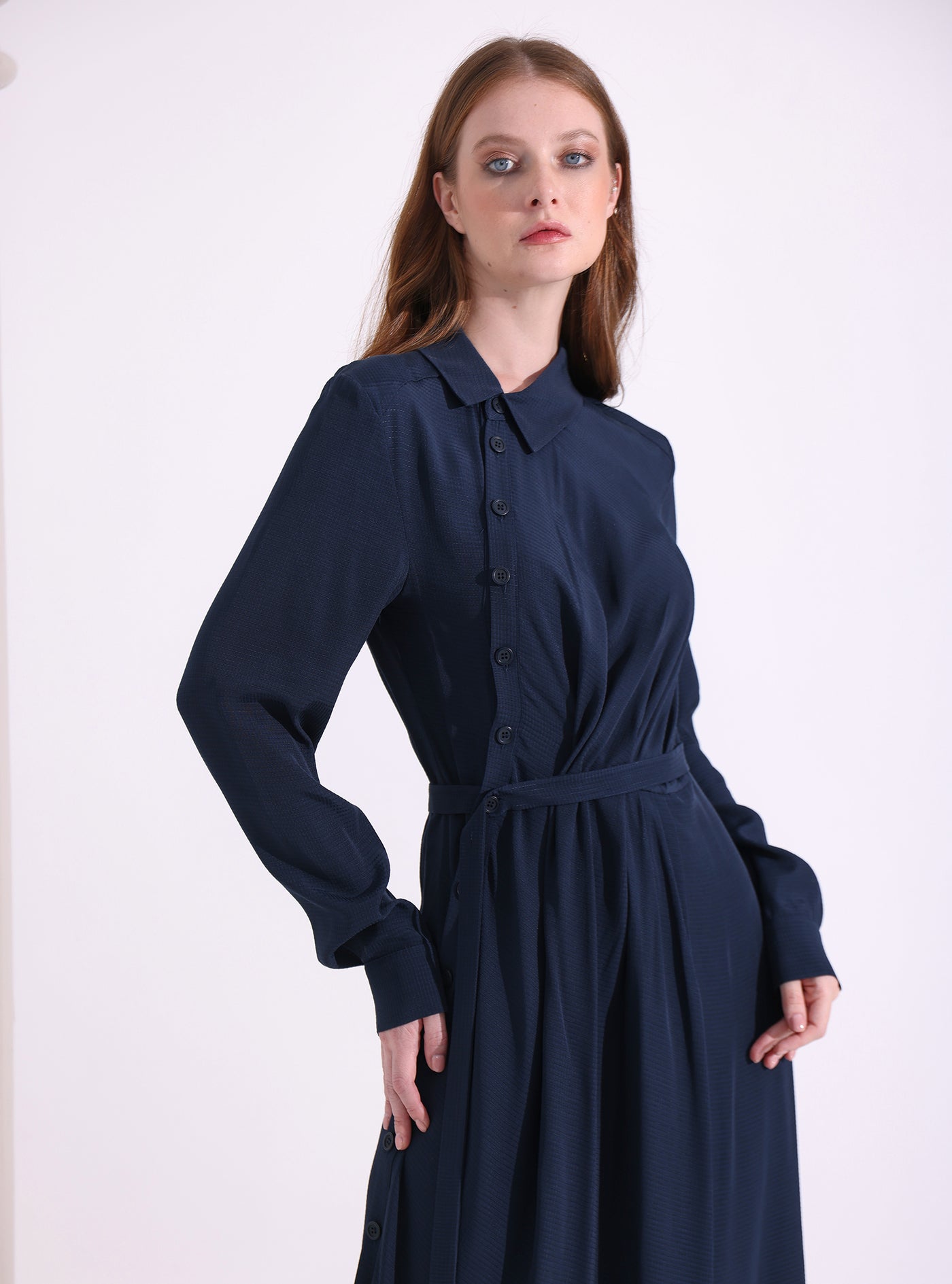 Navy Asymmetrical Belted Midi Dress