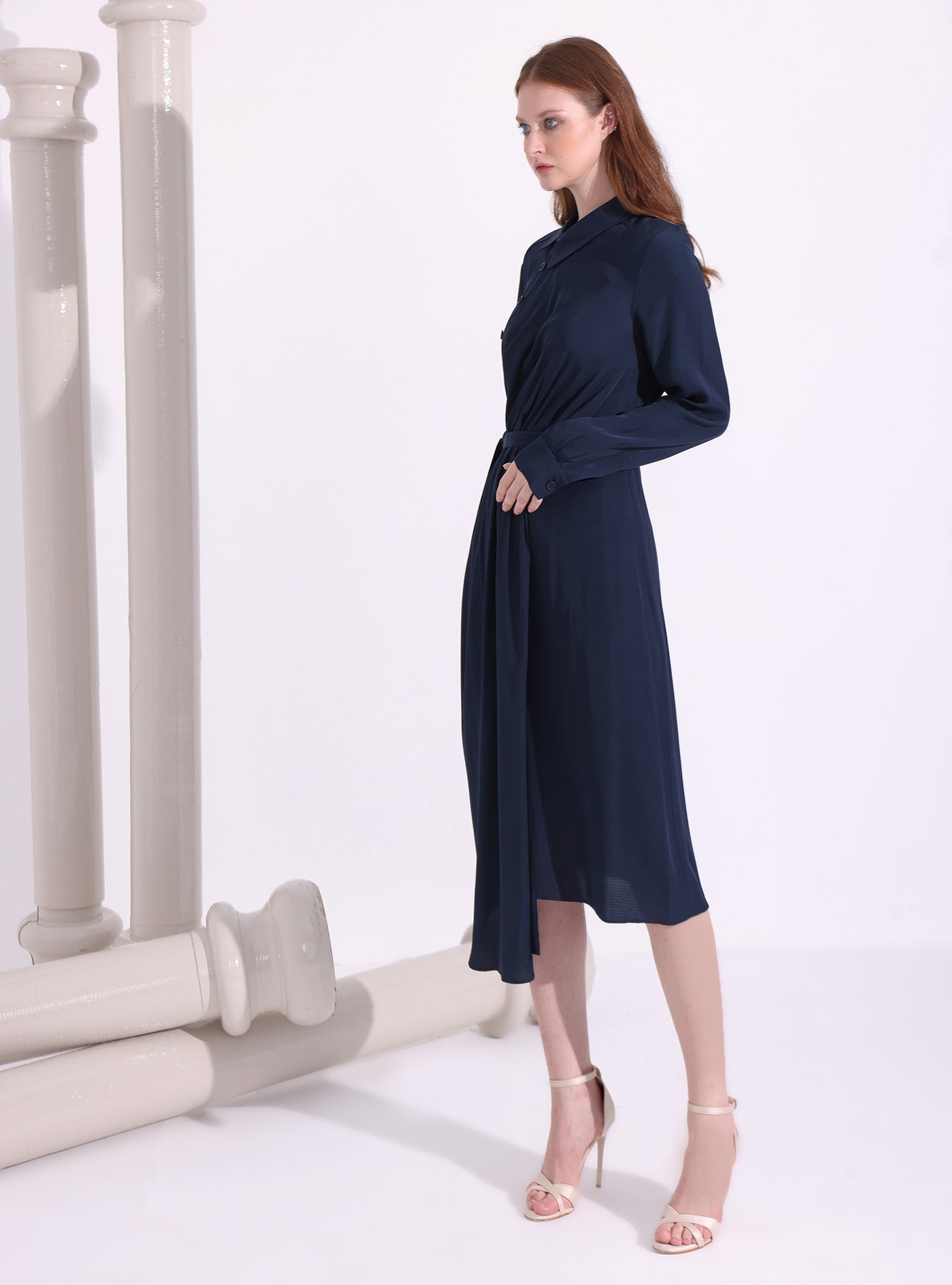 Navy Asymmetrical Belted Midi Dress