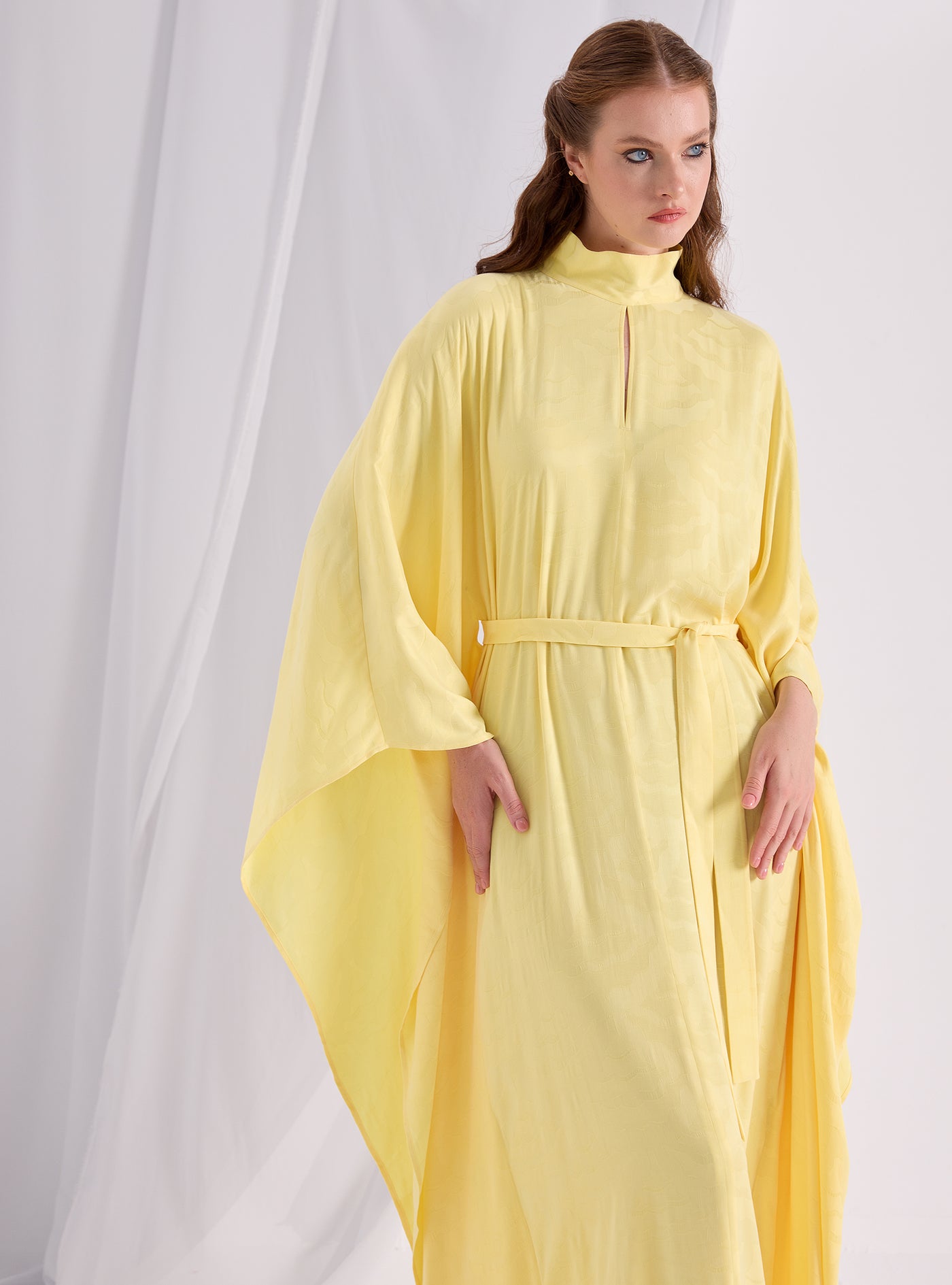 Yellow Jaquard Belted Kaftan Dress