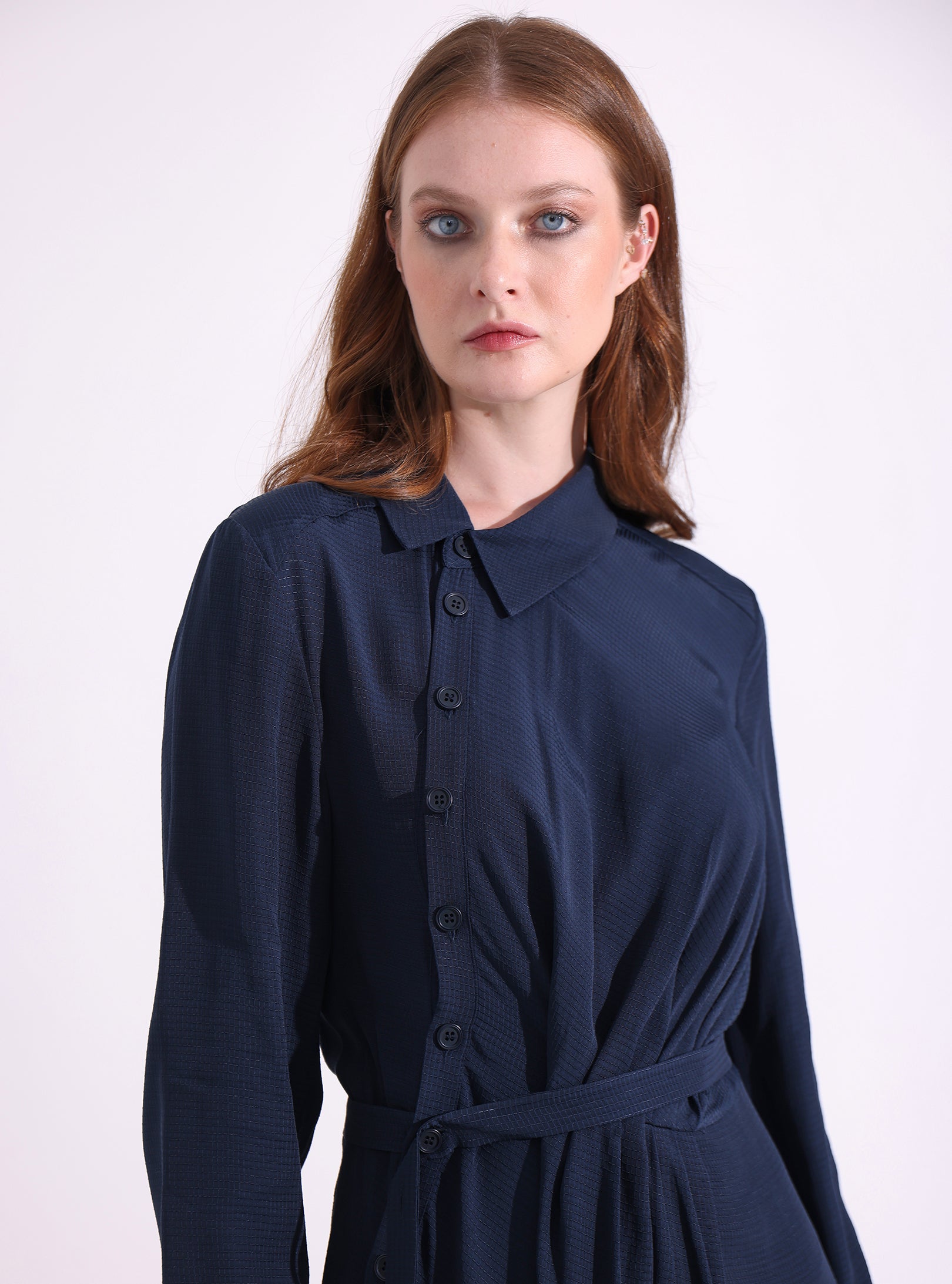 Navy Asymmetrical Belted Midi Dress - Store WF
