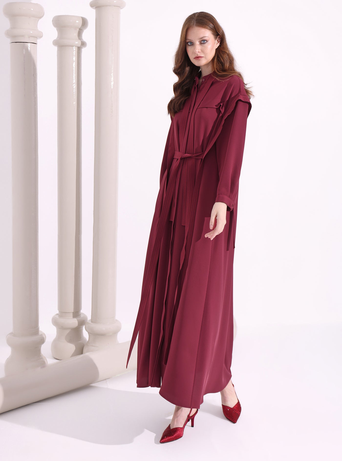 Contrast Top Stitch Burgundy Maxi Dress