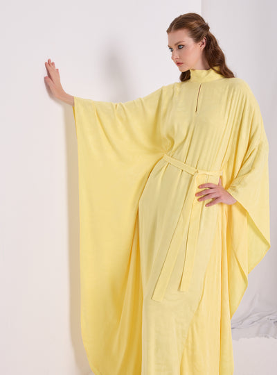 Yellow Jaquard Belted Kaftan Dress