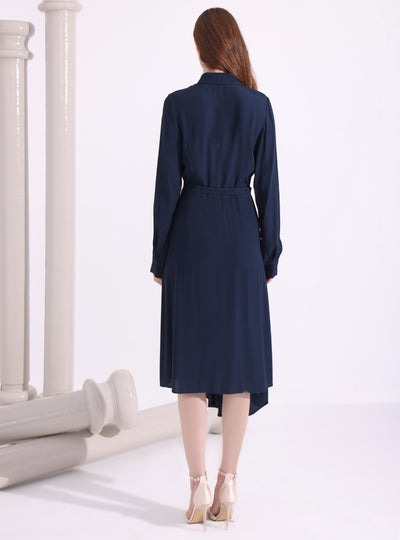 Navy Asymmetrical Belted Midi Dress