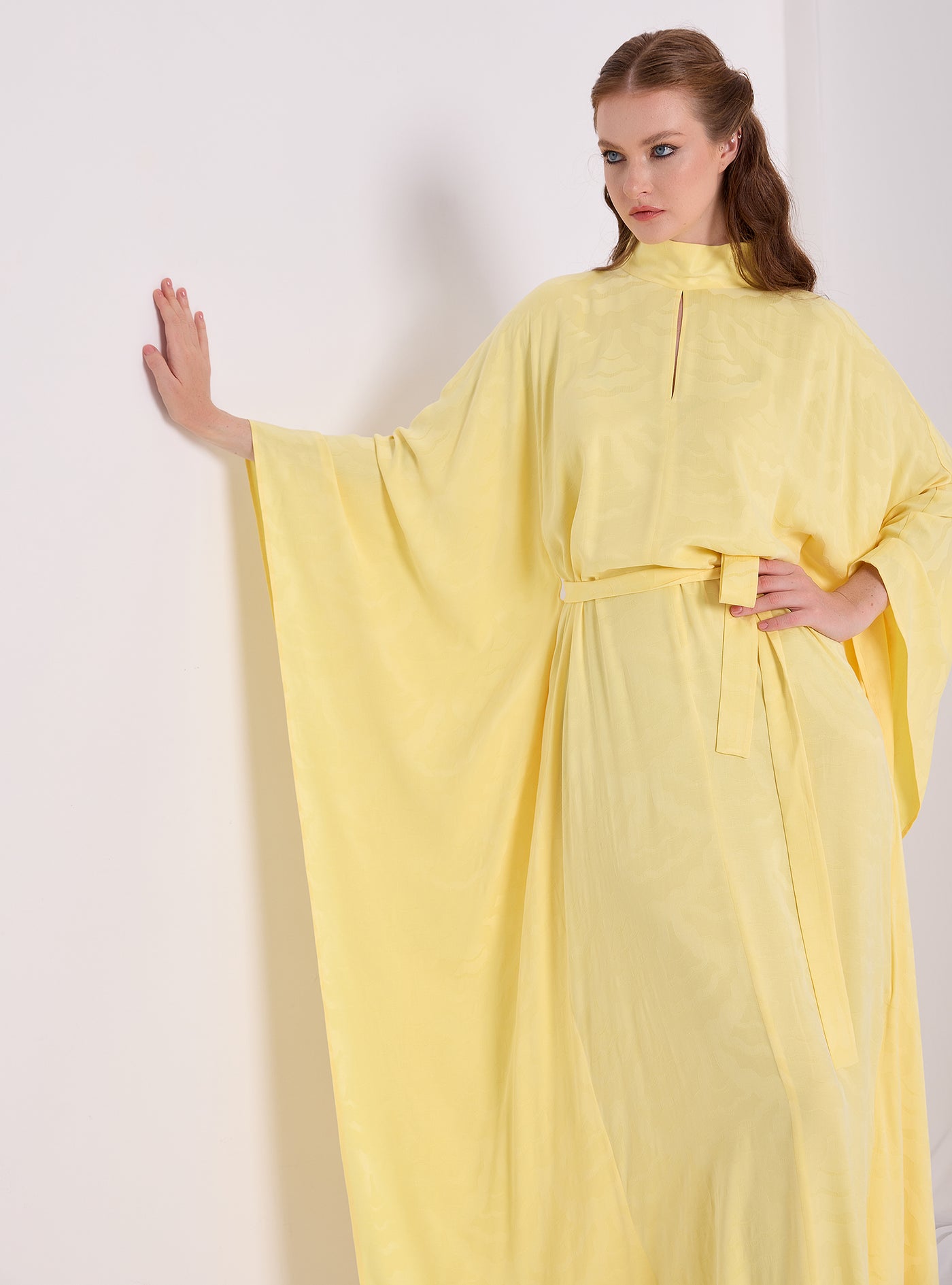 Yellow Jaquard Belted Kaftan Dress