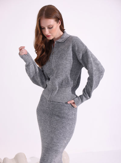 Two Piece Gray Skirt Jacket Knitted Set