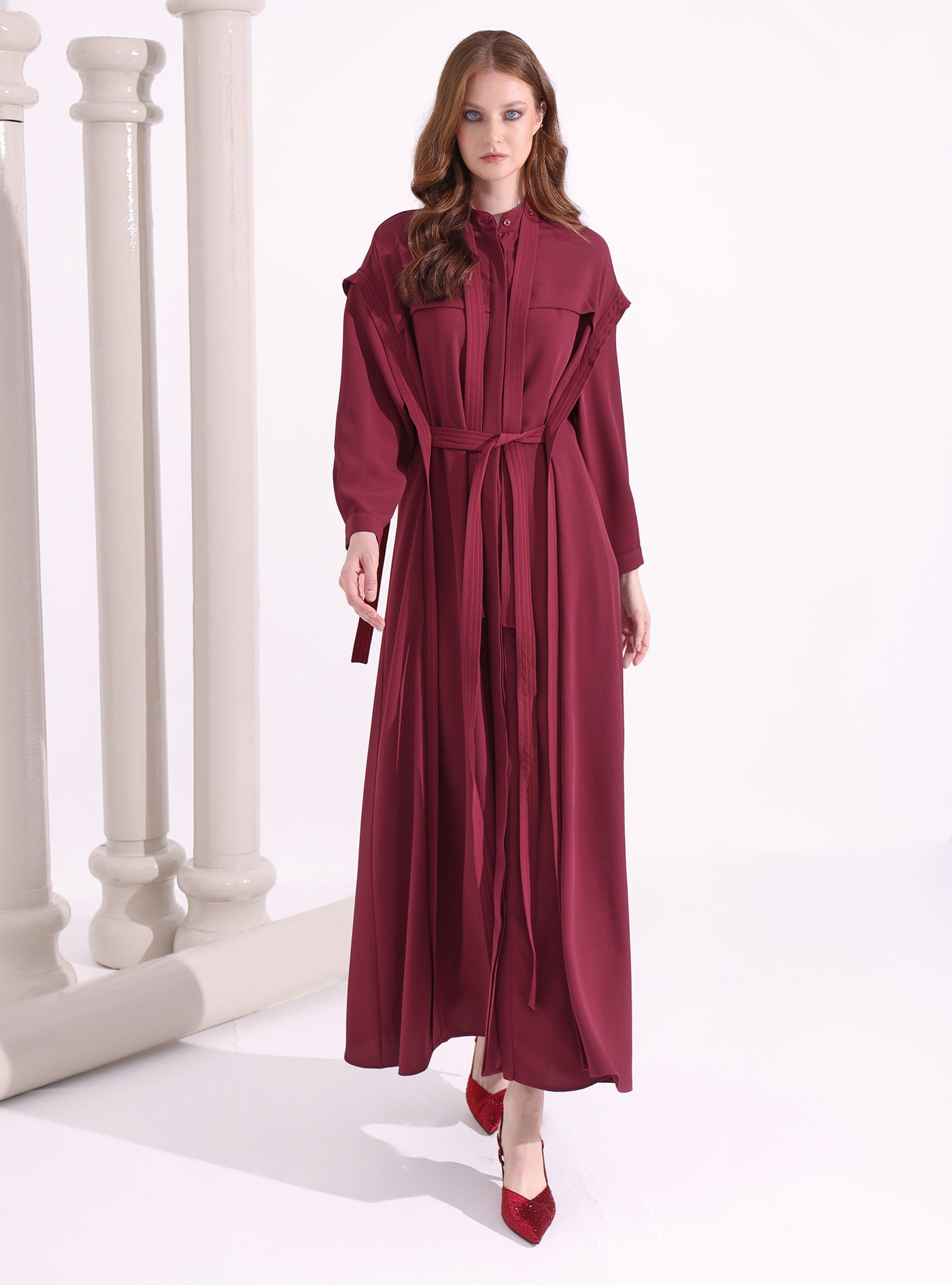 Contrast Top Stitch Burgundy Maxi Dress