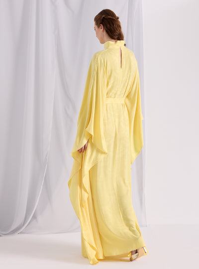 Yellow Jaquard Belted Kaftan Dress