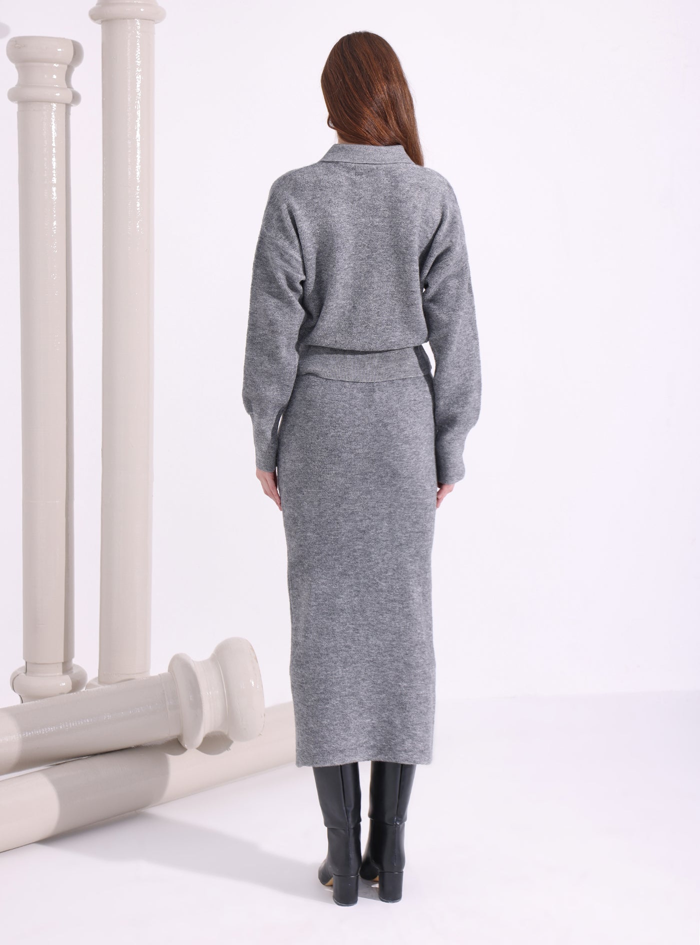 Two Piece Gray Skirt Jacket Knitted Set