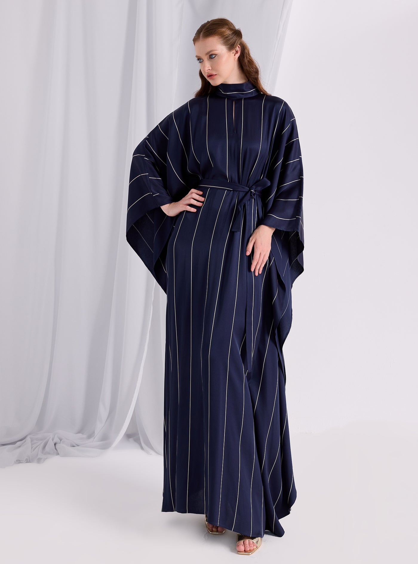 Navy Stripe Belted Kaftan Dress