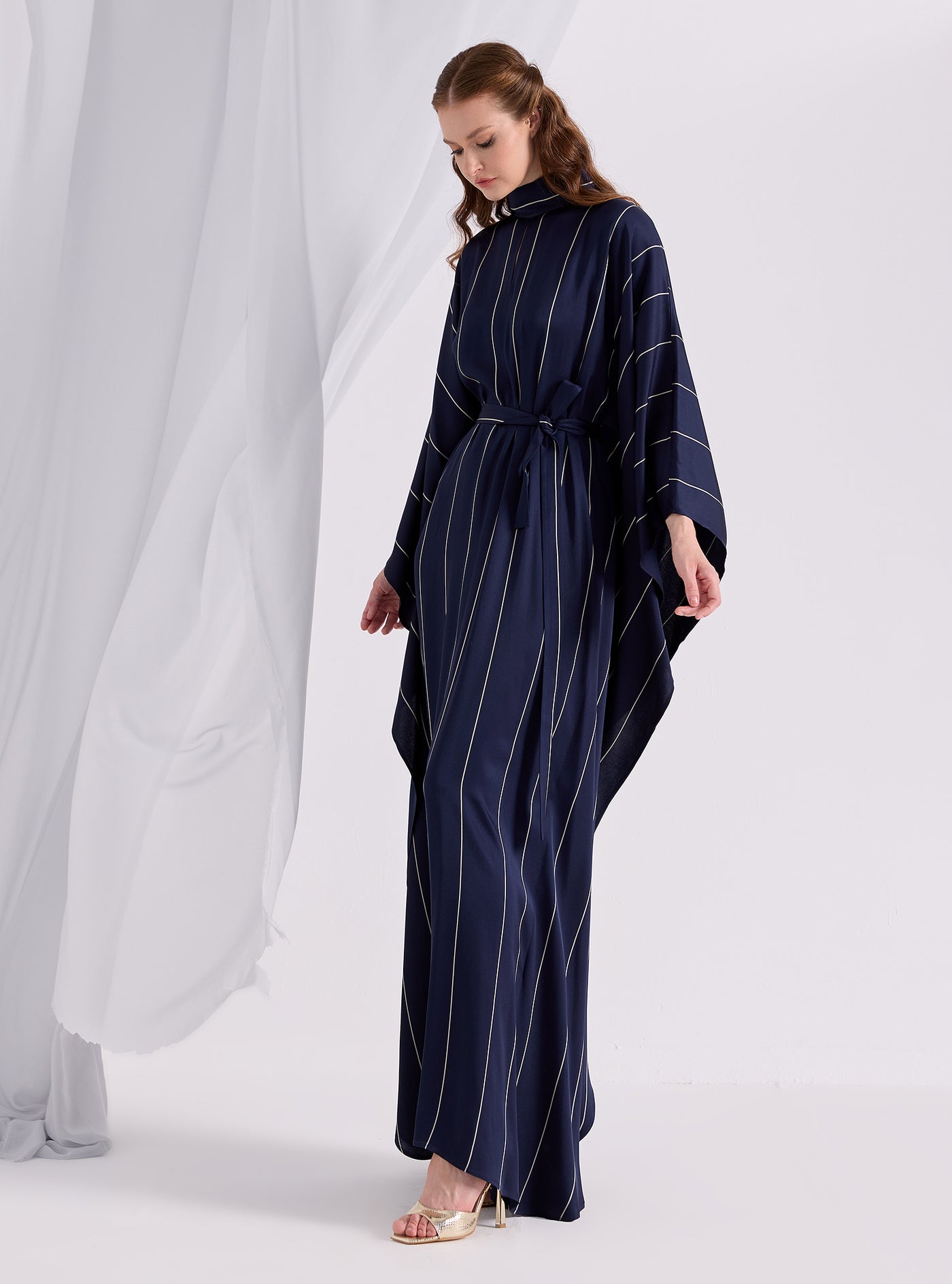 Navy Stripe Belted Kaftan Dress