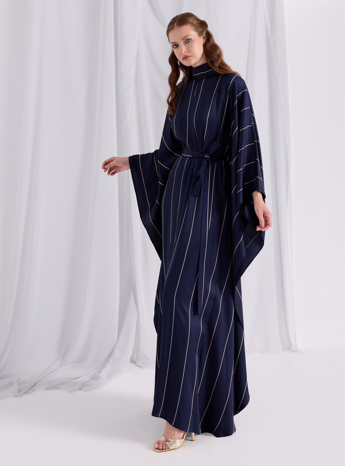 Navy Stripe Belted Kaftan Dress