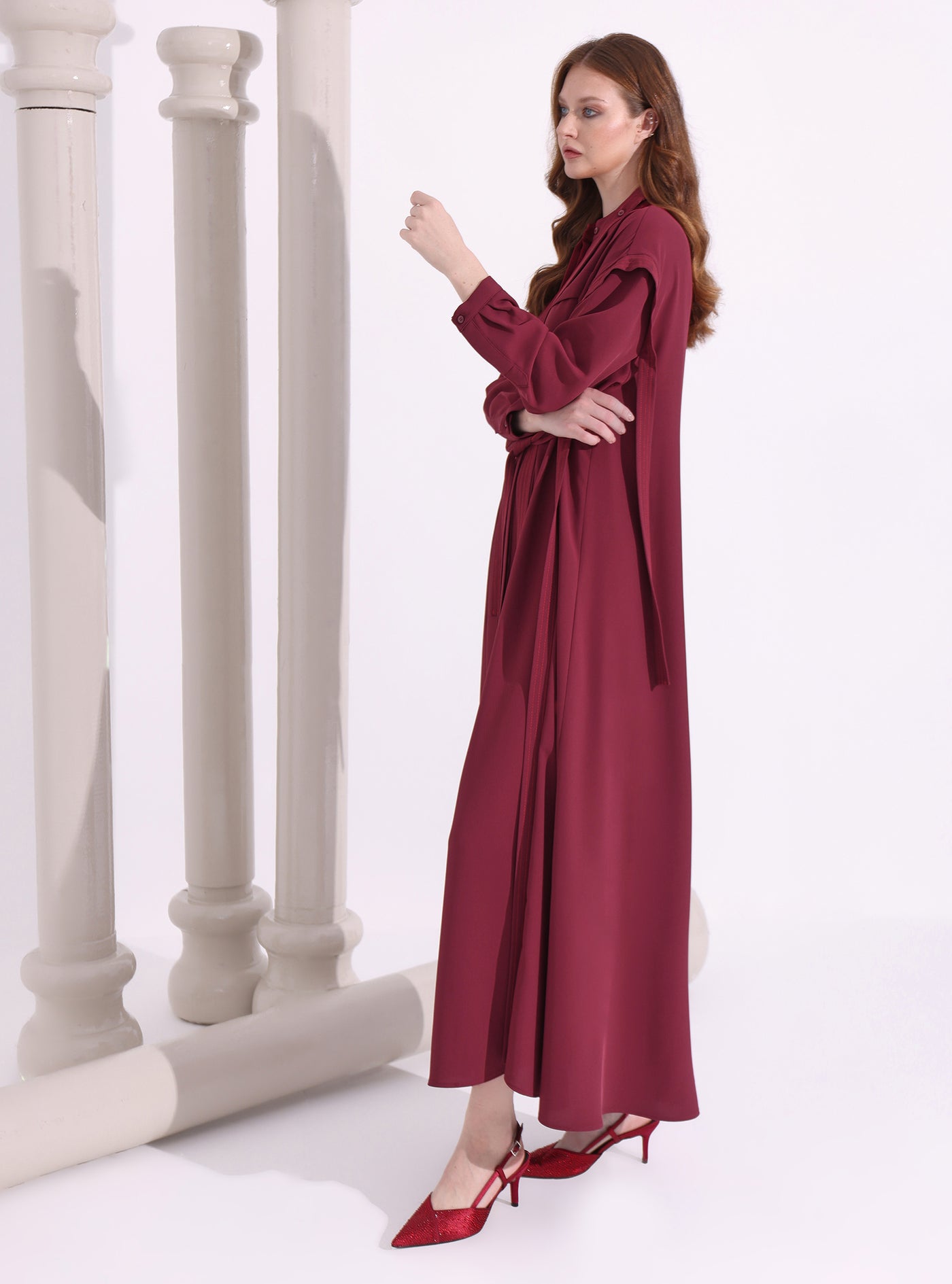 Contrast Top Stitch Burgundy Maxi Dress