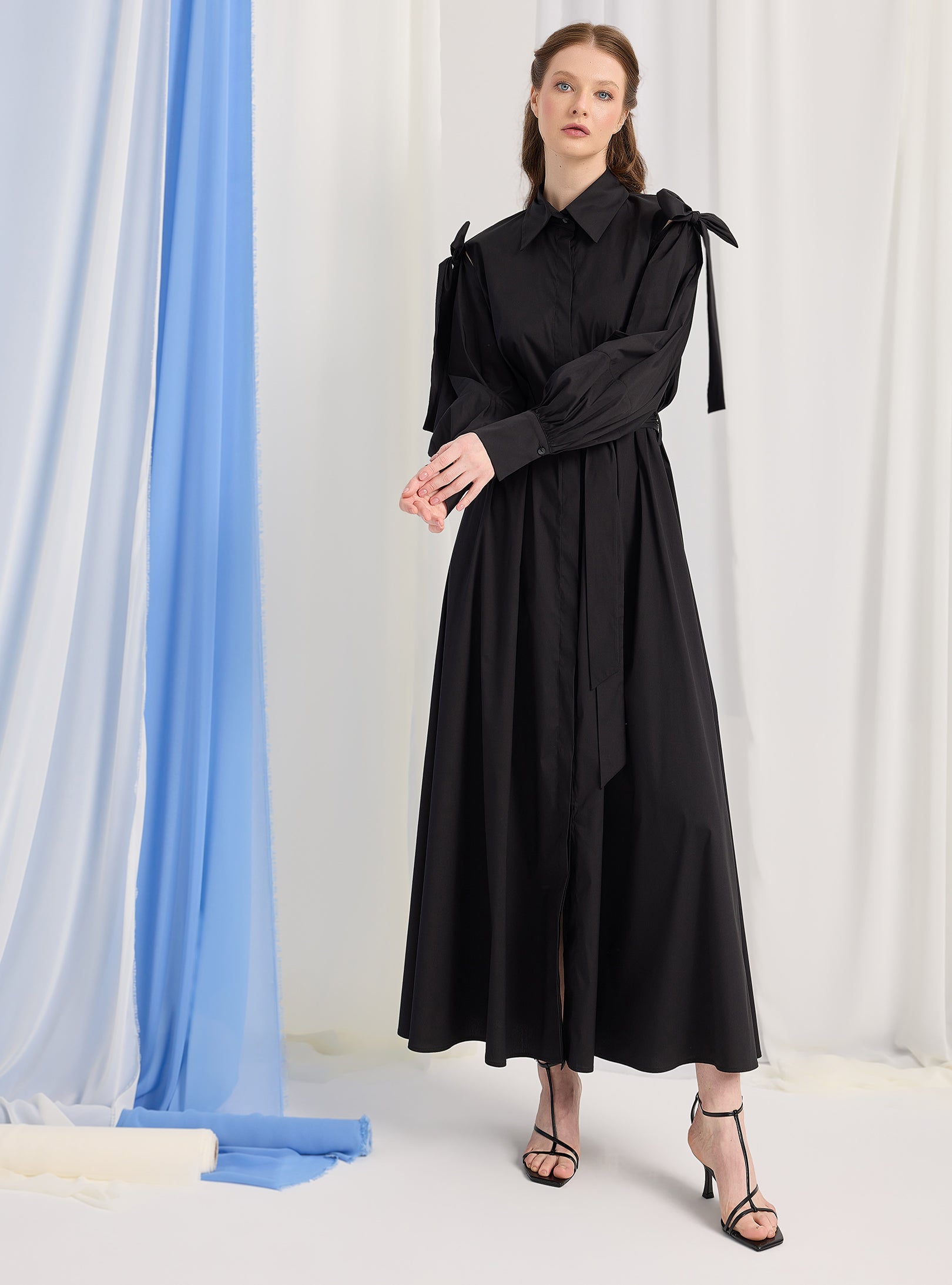 Bow Detailed Black Poplin Cotton Maxi Dress - Store WF