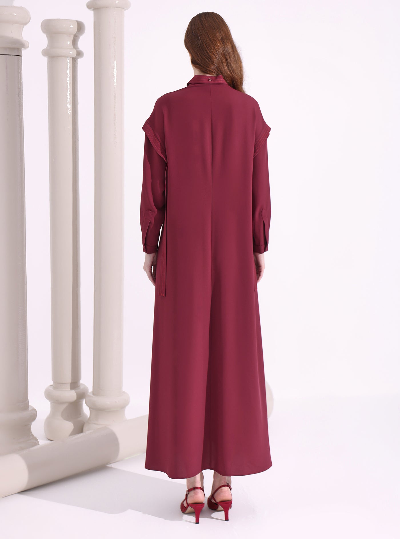 Contrast Top Stitch Burgundy Maxi Dress