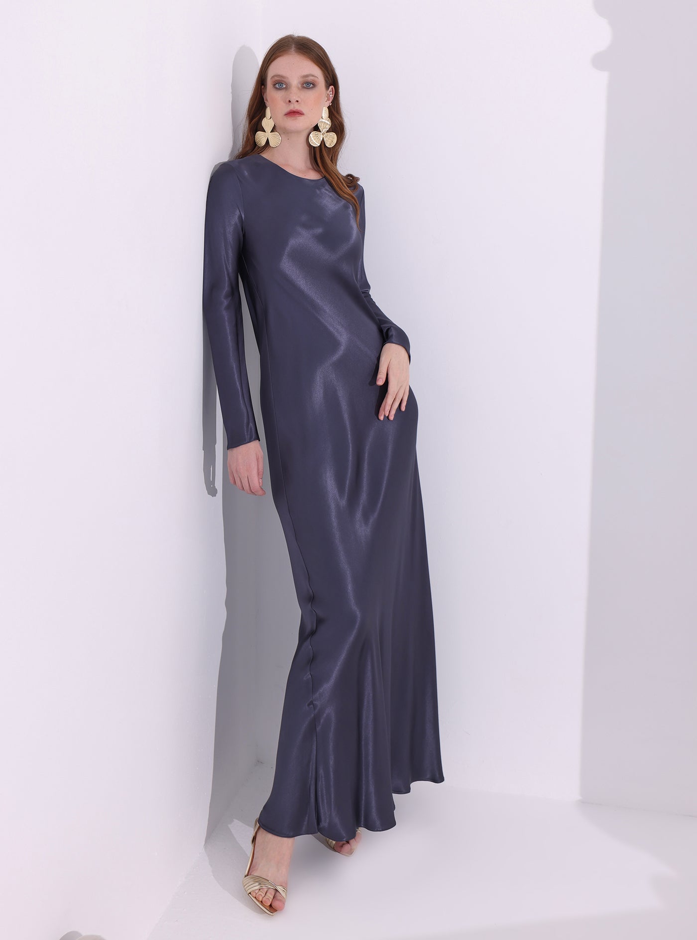 Navy Satin Maxi Dress