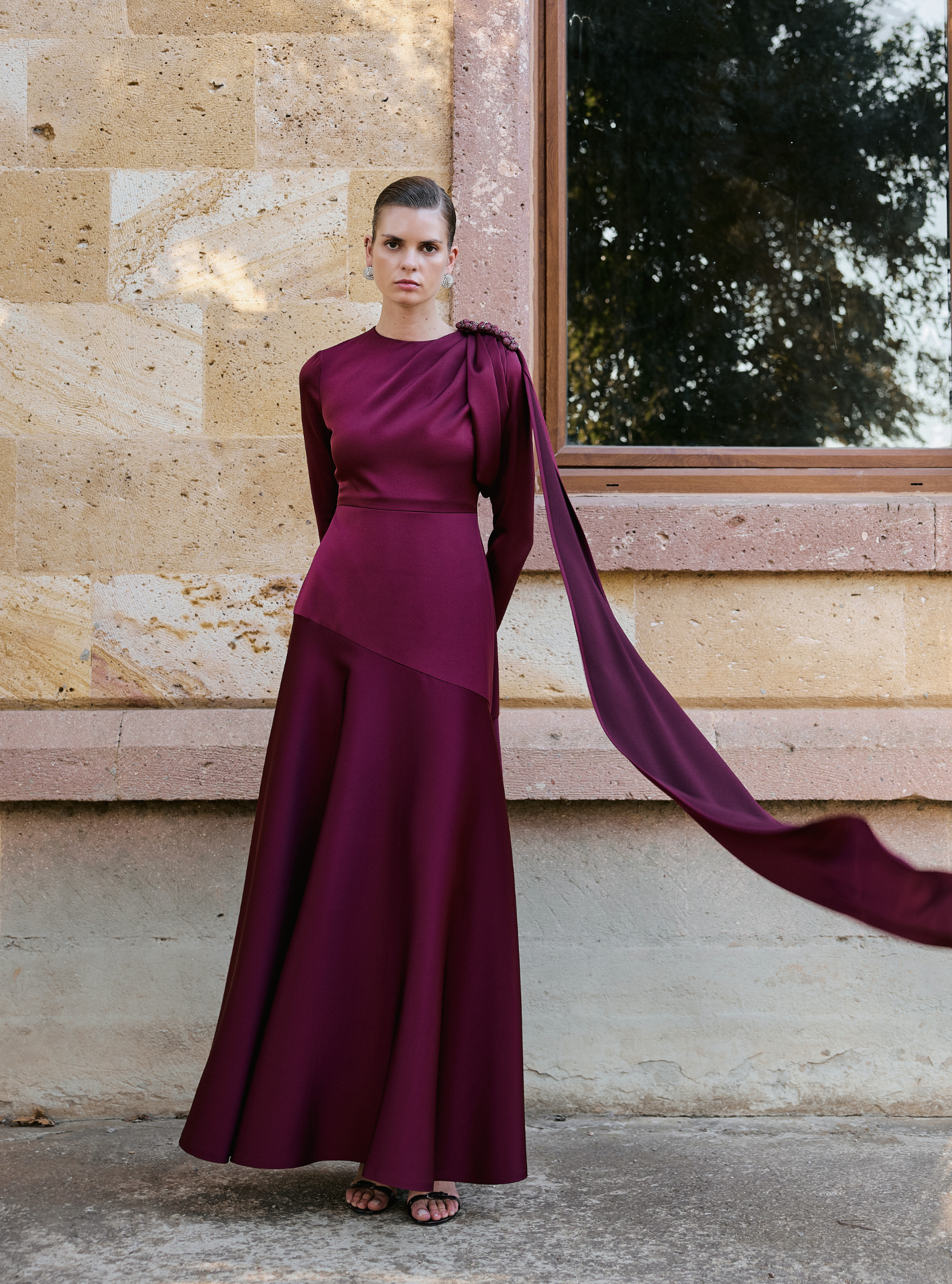 Draped Shoulder Maxi Gown – Burgundy