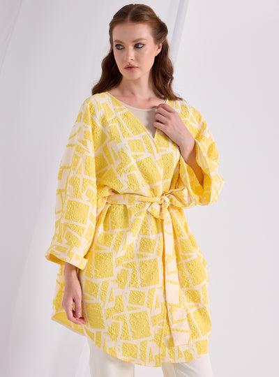 Yellow Jacquard  Belted Jacket Kimono