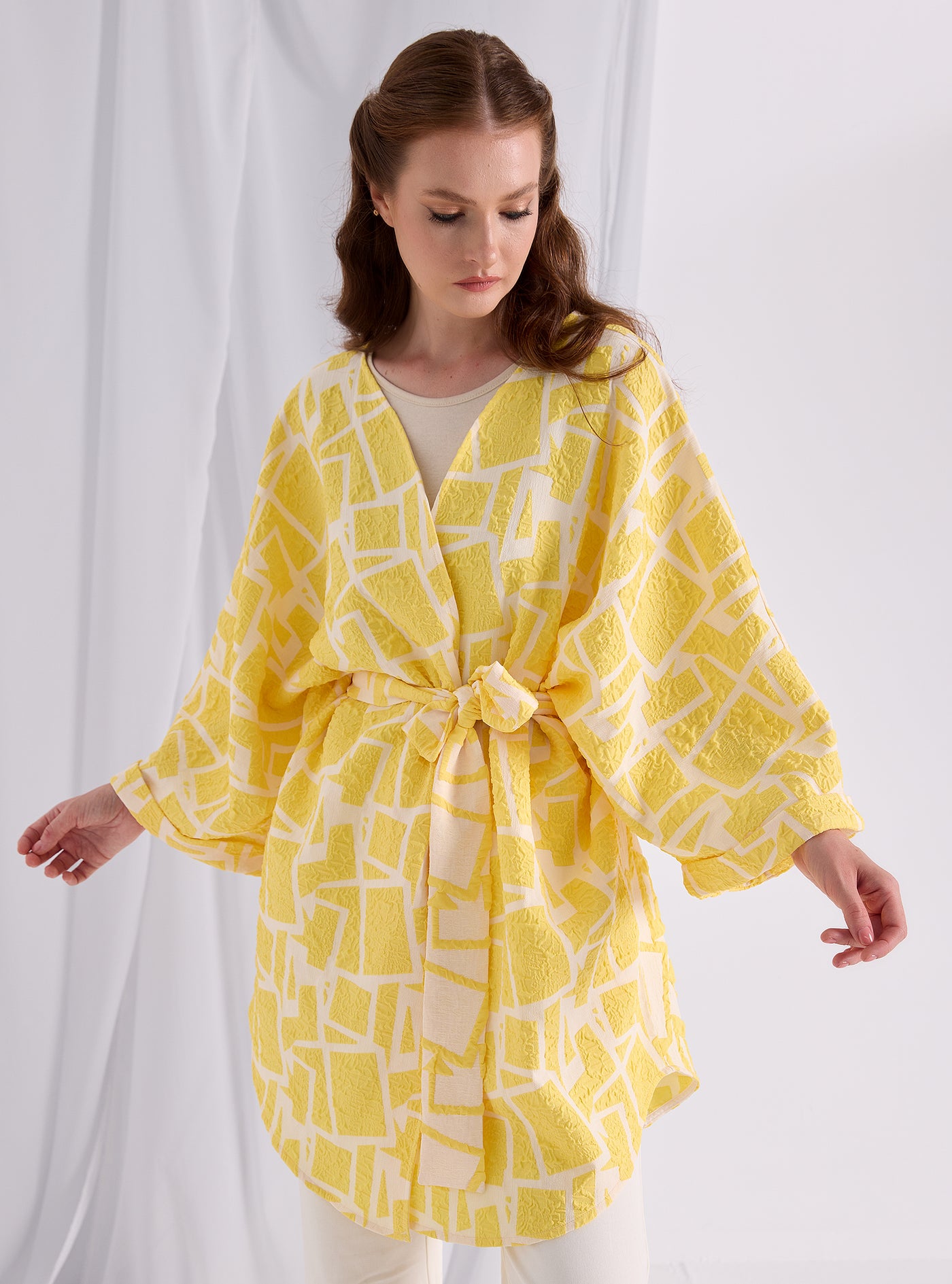 Yellow Jacquard  Belted Jacket Kimono