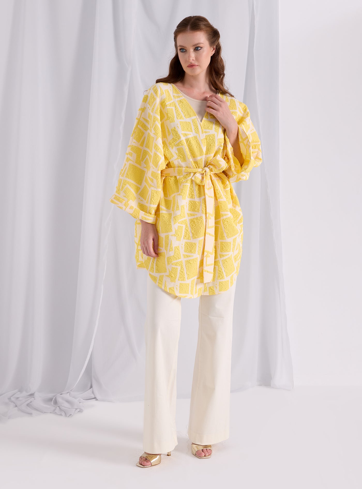 Yellow Jacquard  Belted Jacket Kimono