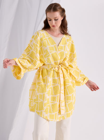 Yellow Jacquard  Belted Jacket Kimono