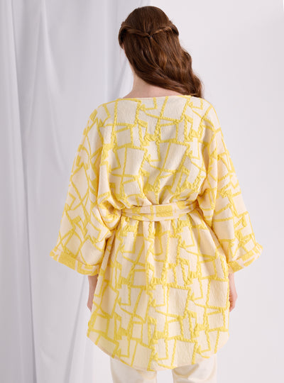 Yellow Jacquard  Belted Jacket Kimono