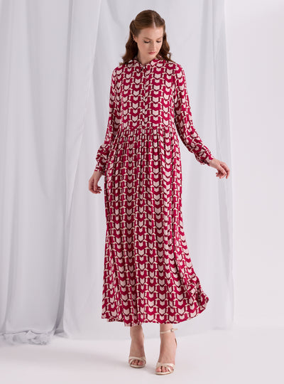 Red Printed Maxi Shirt Dress