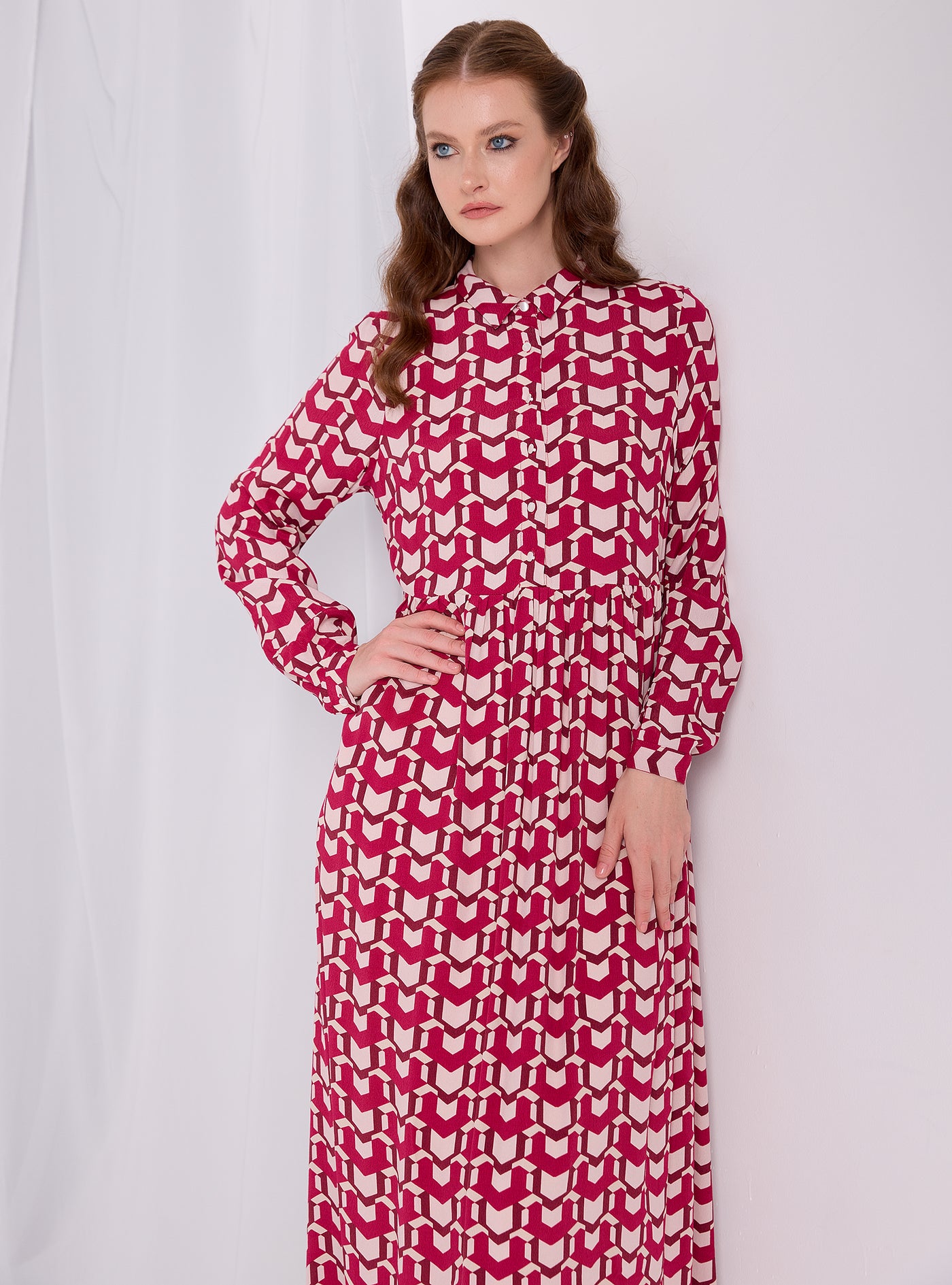 Red Printed Maxi Shirt Dress