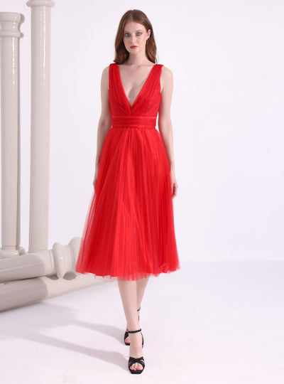 Red Tulle V neck Midi Dress