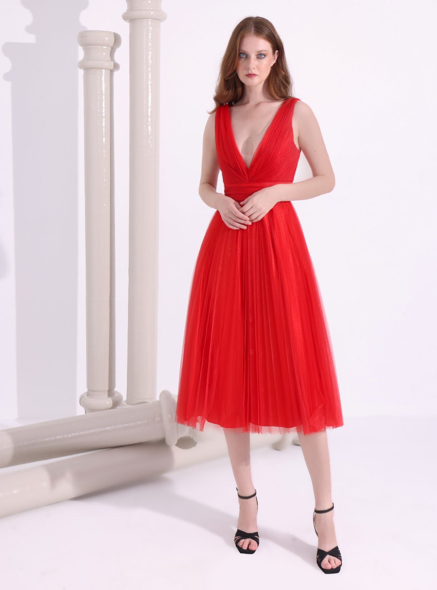 Red Tulle V neck Midi Dress