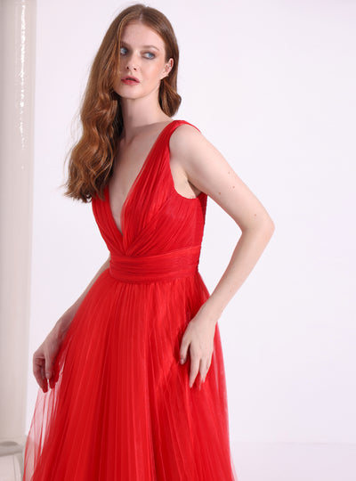 Red Tulle V neck Midi Dress