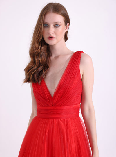 Red Tulle V neck Midi Dress