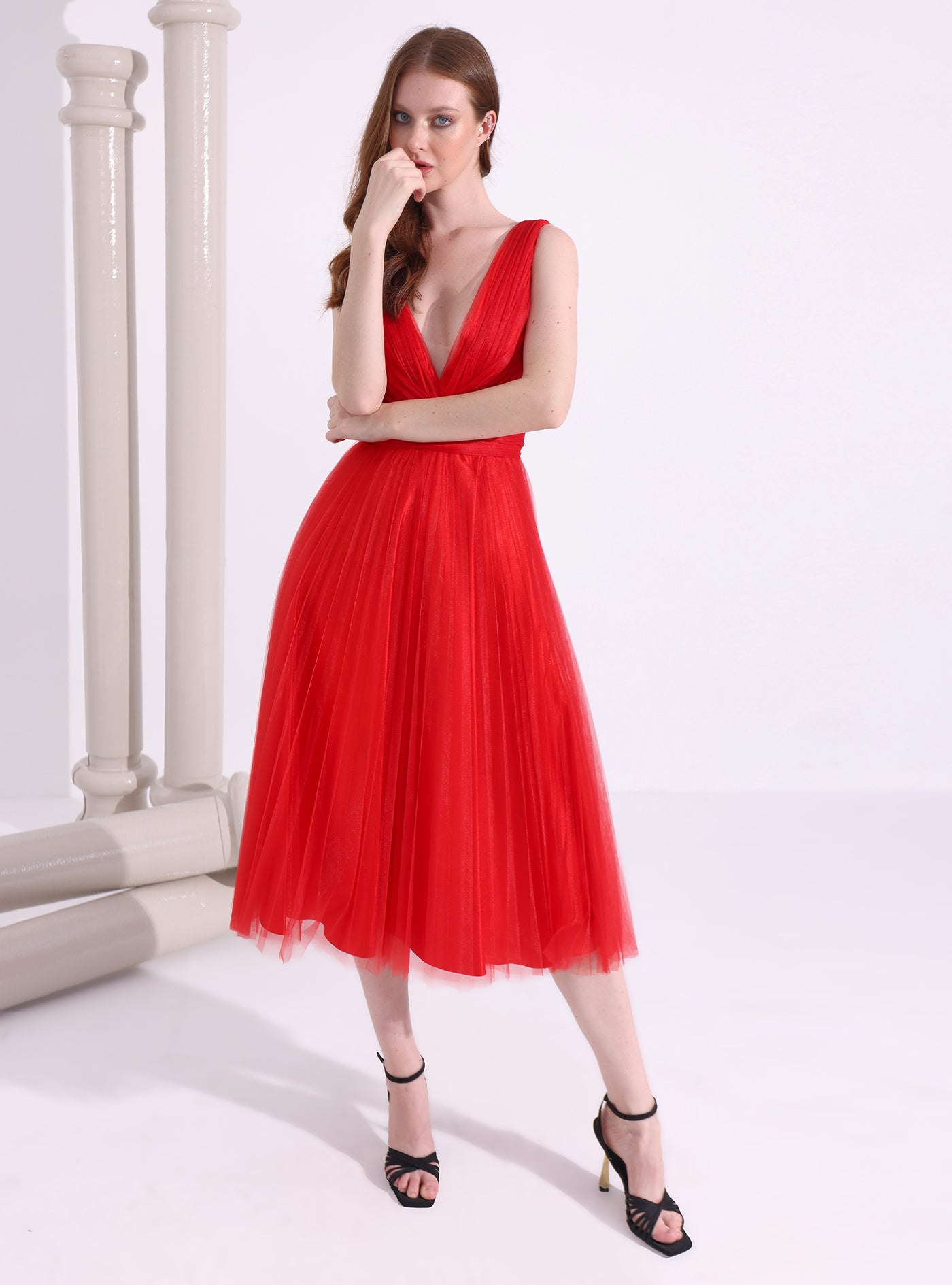 Red Tulle V neck Midi Dress