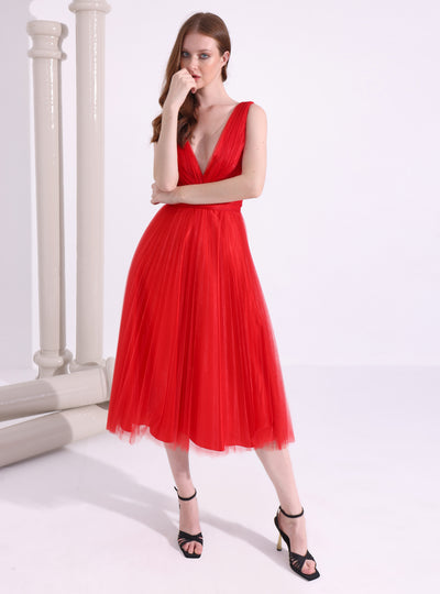 Red Tulle V neck Midi Dress