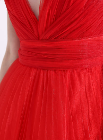 Red Tulle V neck Midi Dress