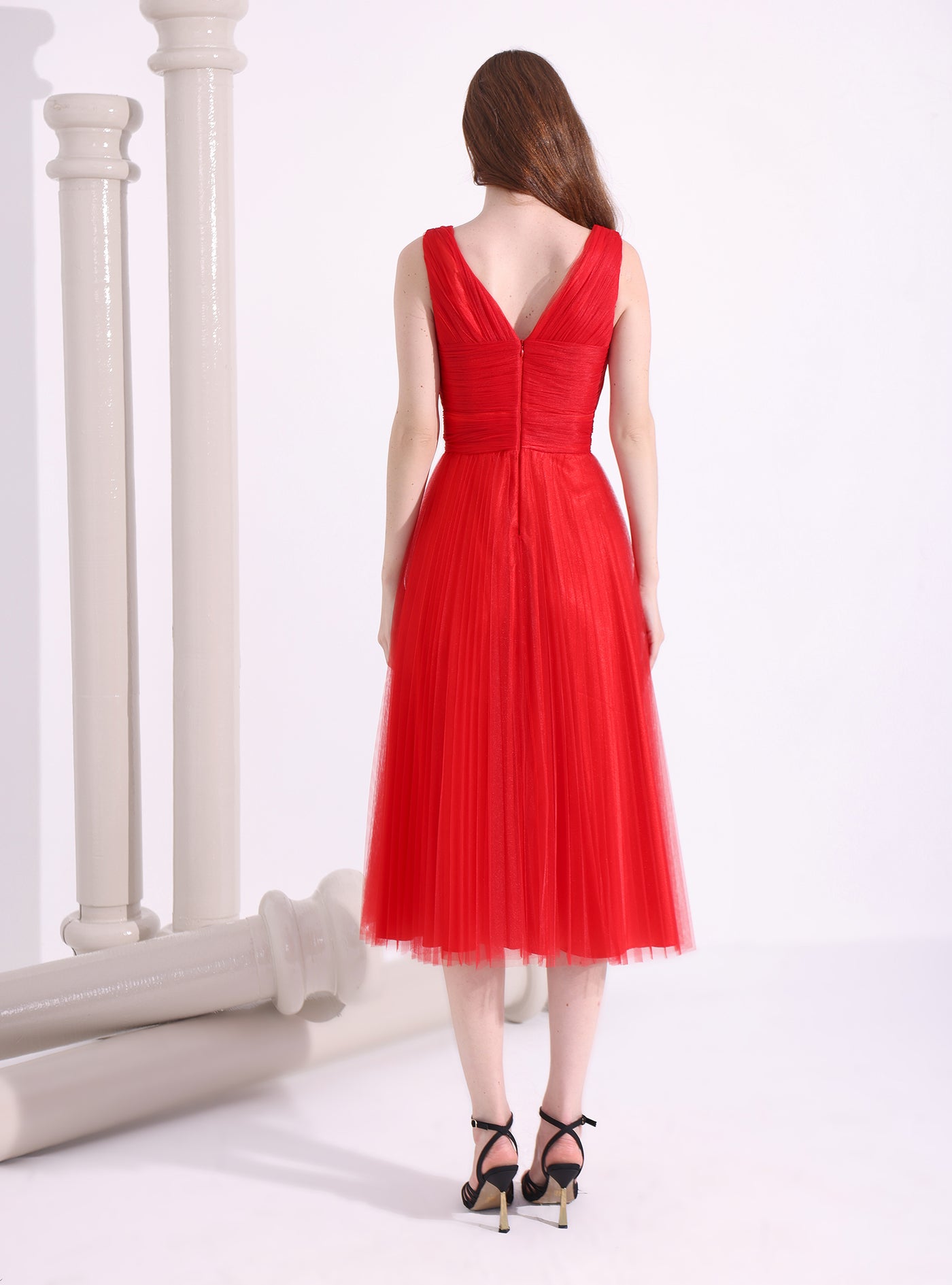 Red Tulle V neck Midi Dress